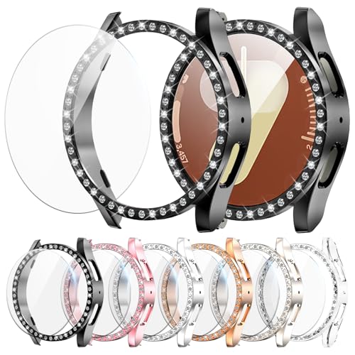 XINGHAO 6+6 Pack Bling Case for Samsung Galaxy Watch 7 40mm Screen Protector, Sparkling Rhinestone Hard PC Case + HD Anti-Fog Tempered Glass Film, Waterproof Face Cover Set for Galaxy Watch 7 40mm