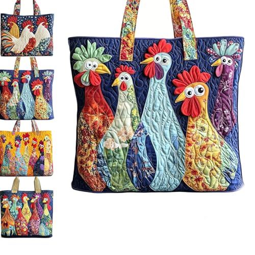 Quilted Tote Bags，Chicken Vintage Tote Bag, Large Cotton Hobo Shoulder Handbag, Casual Bags for Women Daily Outdoor Shopping (C)
