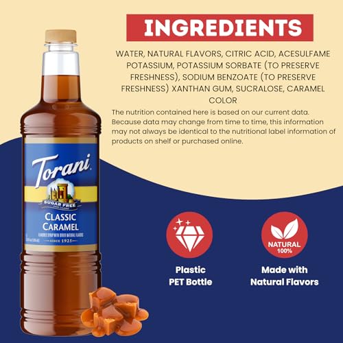 Image of Torani Sugar Free Classic Caramel Syrup 1L Bottle - Keto, Zero Calorie
