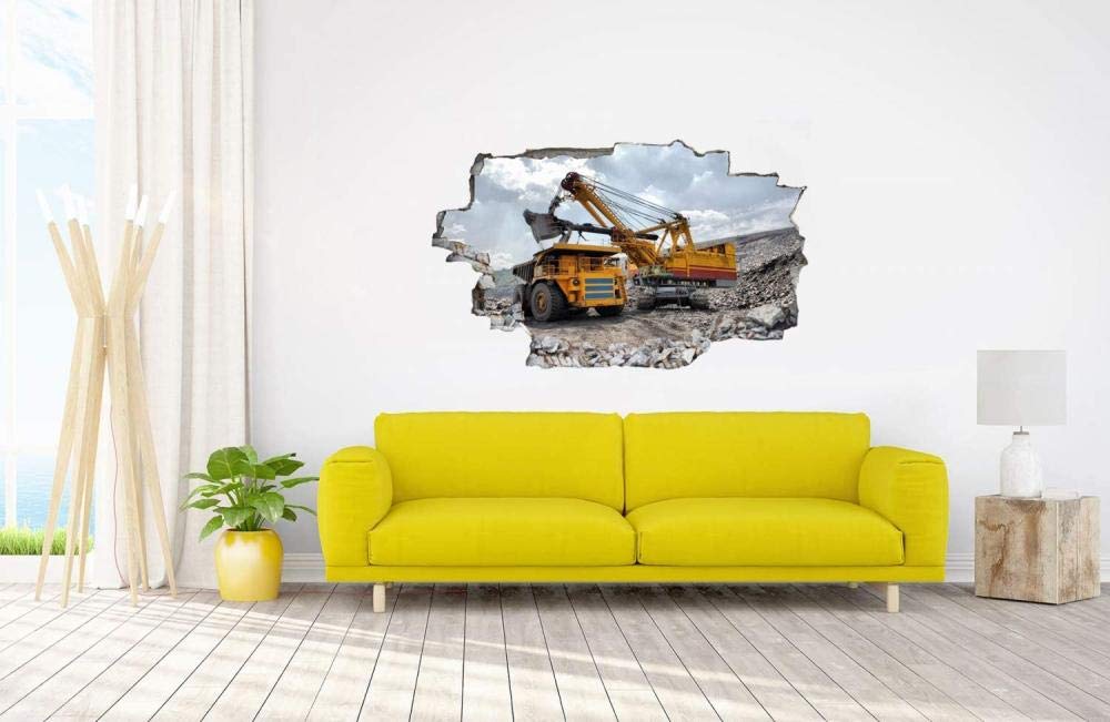 3D Wandtattoo Mauerloch Wandsticker Wandaufkleber Durchbruch Bagger Baumaschine Baustelle selbstklebend Schlafzimmer Wohnzimmer 80x120cm