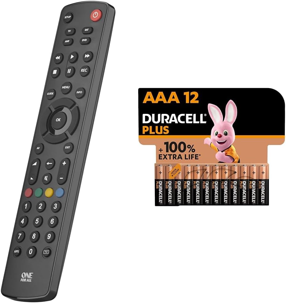 One For All Contour 4 universal remote control TV - control of 4 devices & Duracell Plus AAA Batteries (12 Pack) - Alkaline 1.5V - Up To 100% Extra Life