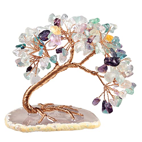 KYEYGWO Fluorite Crystal Money Tree FengShui Bonsai Figurines with Agate Slices Base