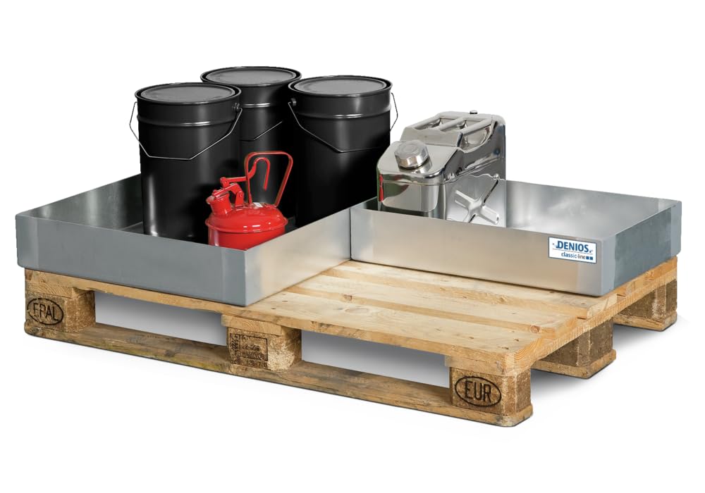 Denios Auffangwanne aus Stahl | verzinkt | BxHxT 600 x 120 x 800 mm | Volumen 40 Liter | Arbeitssicherheit Notfall-Umweltschutz-Produkte säurefest