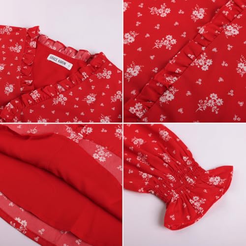 GRACE KARIN Womens Long Sleeve Boho Tops Ruffle Work Blouses Red Flower S — view 4