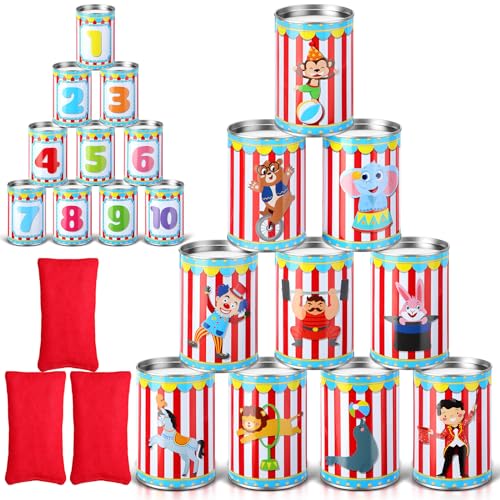 PullCrease 13 Pcs Carnival Can Game Bean Bag Toss Carnival Games with 10 Tin Cans and 3 Bean Bag for Easter Outdoor Family Party Birthday Indoors Outdoors Activities(Vivid Style)