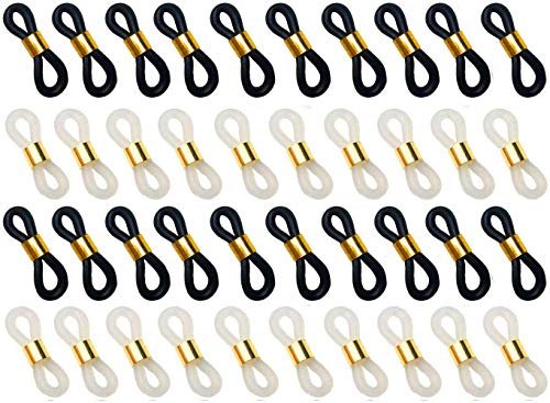 Hyamass 40pcs Gold Coated Cylinder Copper Bead Black and Translucent White Anti-Slip Rubber Ends Retainer Connector Holder for Eyeglass Chain Necklace Chain