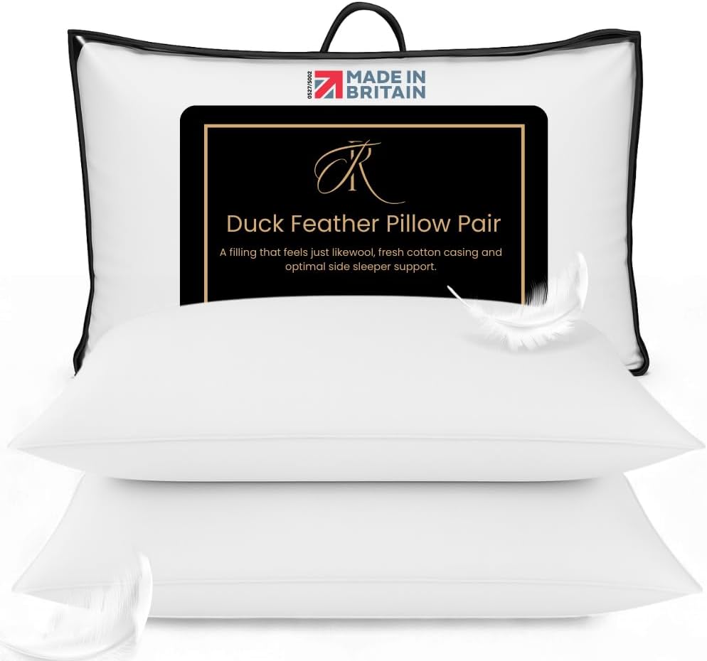 The Royce Duck Feather Pillows 2 Pack – 100% Cotton Cover Hotel Quality Luxury Bed Pillows – Medium Soft Supportive Pillows for Side & Back Sleepers – Hypoallergenic Pillows Made in Britain – 48x74cm