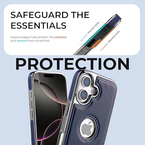 Image of PULOKA Chrome Leather Back Case - Compatible with iPhone 16 - Luxury Bumper Case - Flexible Vegan Leather - Electroplated Sides & Logocut - Full Camera Protetection & Raised Edges - Blue