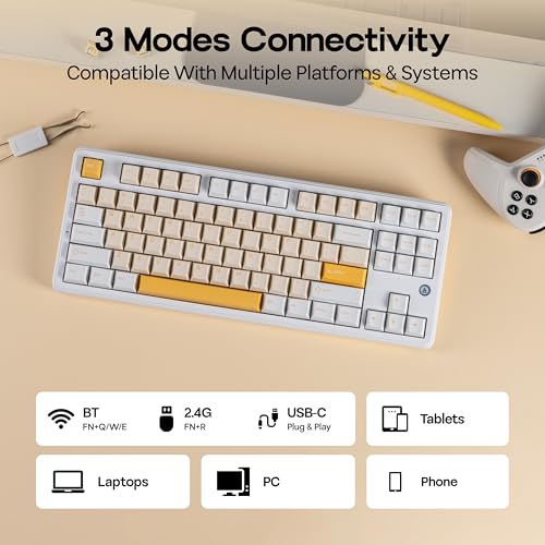 Image of MechLands AJAZZ AK870 V2 TKL Gasket Mechanical Keyboard, BT5.0 /2.4GHz /USB-C Wireless Gaming Keyboard with 10000mAh Battery, RGB Backlits, 5-Layer Padding, NKRO for Win /Mac (White Yellow)
