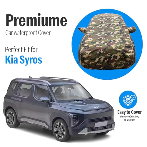 Image of Autofact Kia Syros Waterproof Car Cover, Jungle Print 4x4 American Matty, All-Weather Protection, Triple-Stitched, Windproof with Buckle Belt, Dustproof & Scratchproof, UV Resistant- Gold