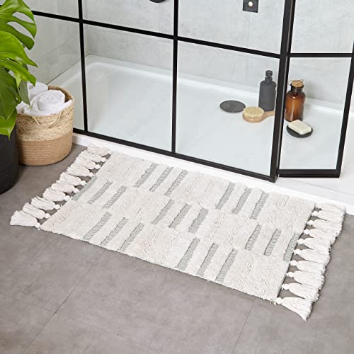 The Linen Yard Tassel Stitch Bath Mat, Cotton, Green/Ivory - Image 3