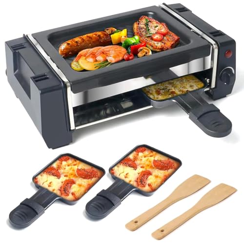 Electric Raclette Grill - 2-in-1 Tabletop Griddle & Indoor BBQ, 500W with Non-Stick Plate, 2 Cheese Pans & Wooden Spatulas, Adjustable Temperature for Family Gatherings