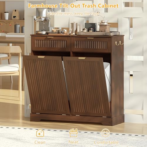 Image of Double 13 Gallon Tilt Out Trash Can Cabinet,Garbage Cabinet with Drawer | Hidden Garbage Storage with Fluted Design, Drawer & Hooks for Kitchen, Dining Room and Small Space Organization,Walnut