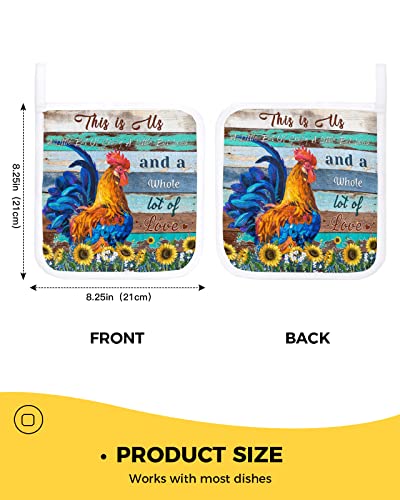 Pot Holder Set Of 3 Country Animal Rooster Idyllic Sunflower Plant Potholder Heat Proof Non-Slip Pot Holders,Farmhouse Vintage Blue Board Hot Pads Potholders For Kitchen Cooking Baking Bbq #TOP2