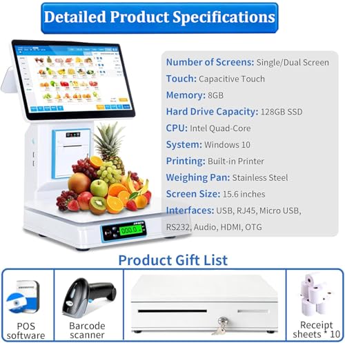 Caja registradora con Sistemas TPV, Caja registradora Inteligente Todo en uno con IA para pequeñas Empresas, con Pantalla táctil de 15,6", cajón de Efectivo, Impresora de 58 mm
