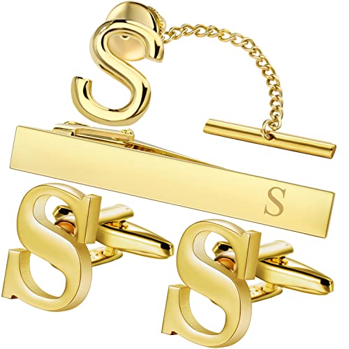 HAWSON Cufflinks for Men, Tie Clips for Boys, Tie Pin for Men, Gold Color Jewelry Set, Boxed Gift Packing, Initial Letter Jewelry for Him