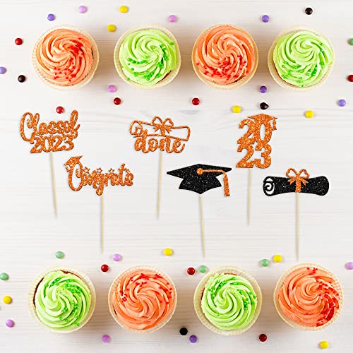 24 Pcs 2023 Graduation Theme Cupcake Toppers Orange Glitter Class Of 2023 Graduation Cap Diploma Done Cupcake Picks 2023 Graduation Theme Party Cake Decorations Supplies #TOP2