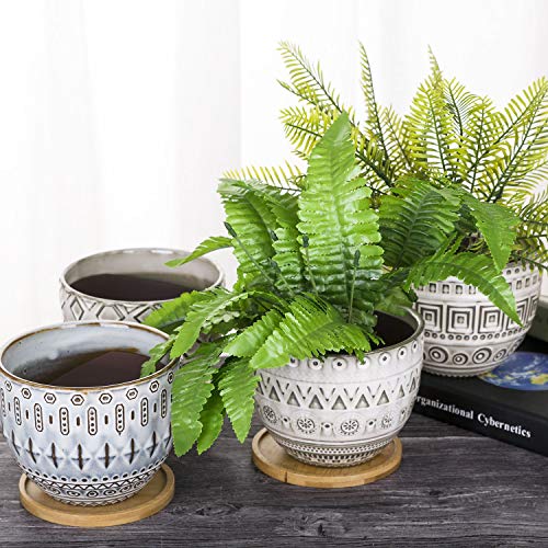 Vanenjoy 5.6 Inch Large Round Bohemian Style Ceramic Planter, Geometry Engrave Off White Brown Succulent Planter Flower Pot, Indoor Outdoor Decorative Planter #TOP5