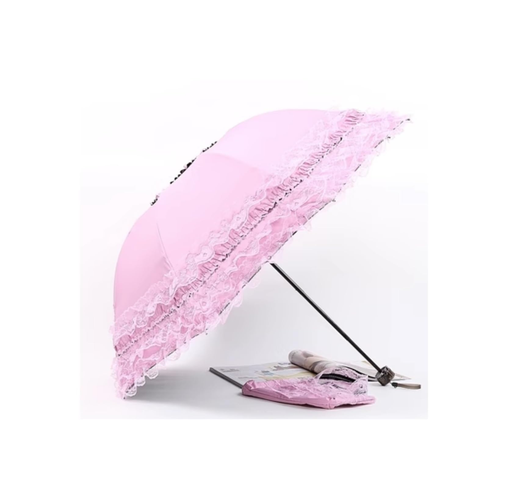 Składany parasol Koronkowy damski parasol przeciwdeszczowy słońce czarny parasol składany księżniczka dekoracja chroniąca przed promieniowaniem UV Wiatroodporny (Color : Pink)