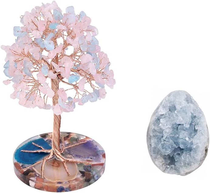 rockcloud Blue Crystal Stones Desk Ornament for Home Office Decoration, Raw Celestite Mineral and Rose Quartz Aquamarine Money Tree, Pack of 2