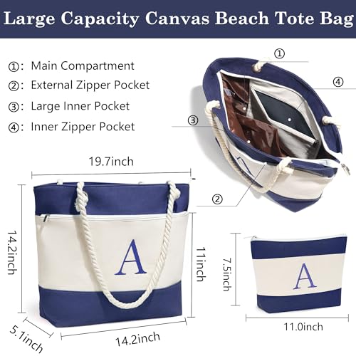 YOOLIFE Beach Bags for Women - Initial Canvas Tote Waterproof Bag with Makeup Bag Gifts for Women Mom Friend Birthday Her3