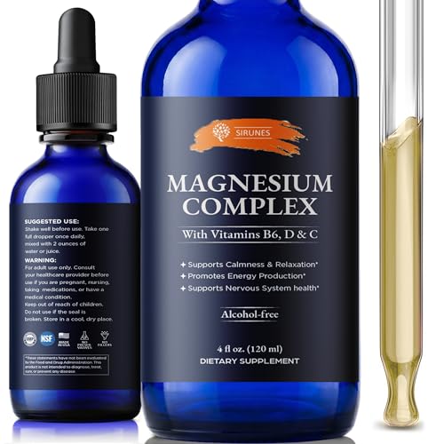 SIRUNES Magnesium Complex Liquid Drops Magnesium Supplement with Vitamins B6 D3 & C Calm & Relaxation Support Energy Production Nervous System Wellness Alcohol-Free Liquid Magnesium 4 Fl Oz