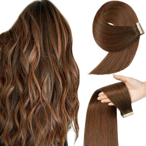 Image of YDDM Tape in Hair Extensions, 20pcs 24 Inch Chocolate Brown Mixed Dark Auburn Straight 100% Remy Human Hair Seamless Tape in Hair Extensions Human Hair(4 /4 /33#, 24 Inch)