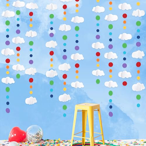 Image of 3D Cloud Decorations Rainbow Circle Dots Clouds Hanging Colorful Garland Streamer Cutout for Birthday Wedding Carnival Party Supplies Home Ceiling Wall Art Decor