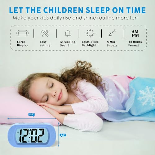 Image of Plumeet Kids Alarm Clock Large Digital LCD Travel Alarm Clocks with Snooze and Night Light - Ascending Sound and Handheld Size - Best Gift for Kids (Baby Blue)