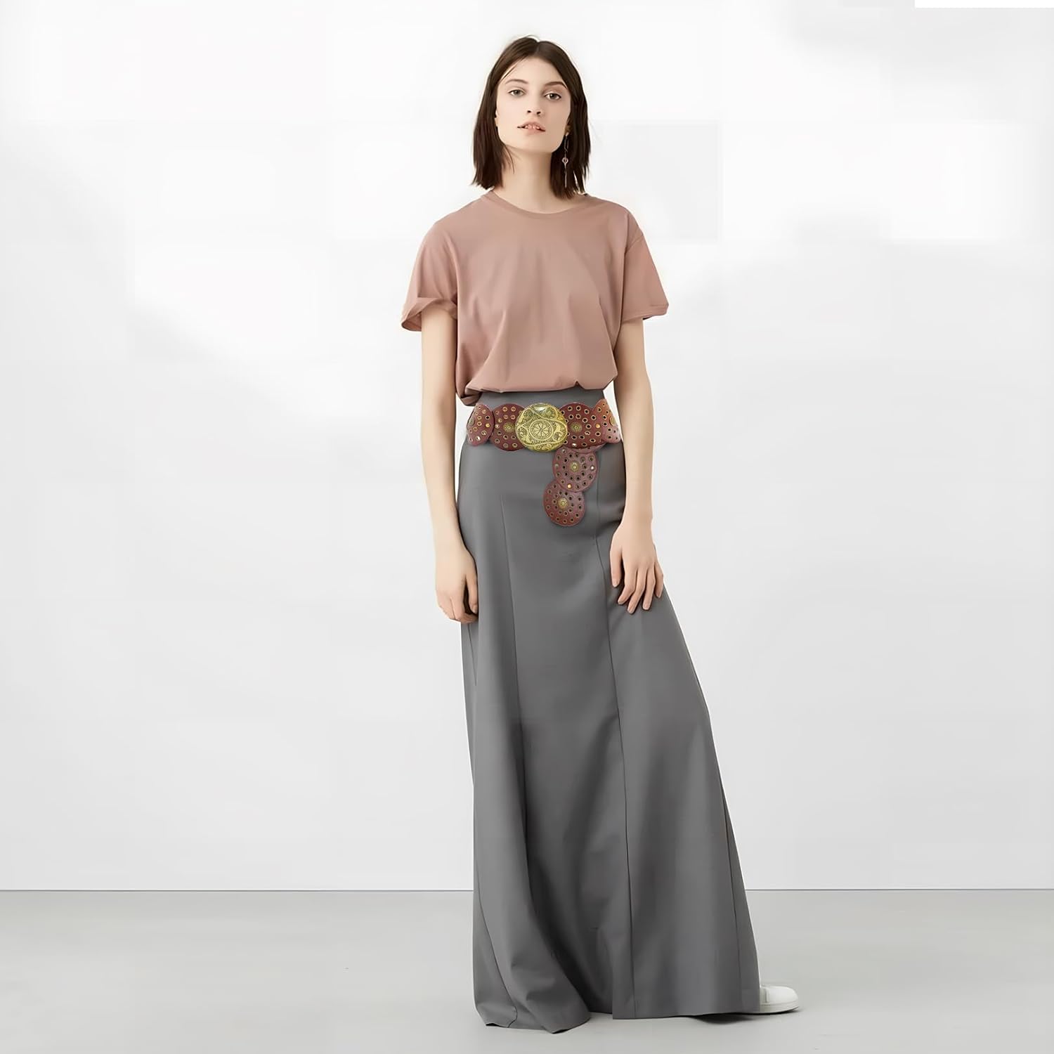 Western Wide Disc Belts for Woman,Brown Leather Hollow Out Round Chunky Belts for Women, Vintage Western Belt Boho Country Waist Belts,Concho Waist for Women,for Dress and Cowgirl Outfits - Image 6