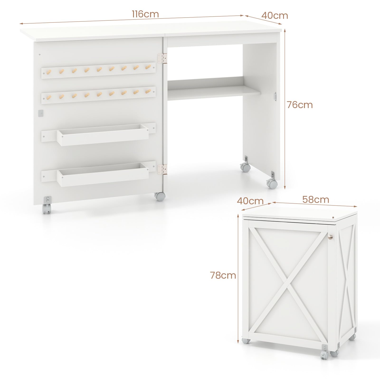 LIFEZEAL Armario de Costura, Mueble para máquina de Coser, Mesa Plegable de Costura con 5 Ruedas, 2 bandejas, 18 Ganchos para Hilo, Mesa Multifuncional de Manualidades (Blanco, 116 x 40 x 76cm)