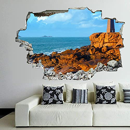 France Coast Lighthouses Ocean Stone Wall Decal Landscape 3D Break Through Wall Sticker Removable Pvc Funny Wall Art Decal Christmas Home Decor Vinyl Mural For Boy Kids Room Living Room #TOP30