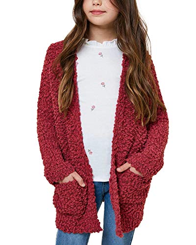 Flowyair Girls Open Front Long Sleeve Cardigan Sweaters Coat with Pockets Popcorn Knit Outwear 5-14 Years Red