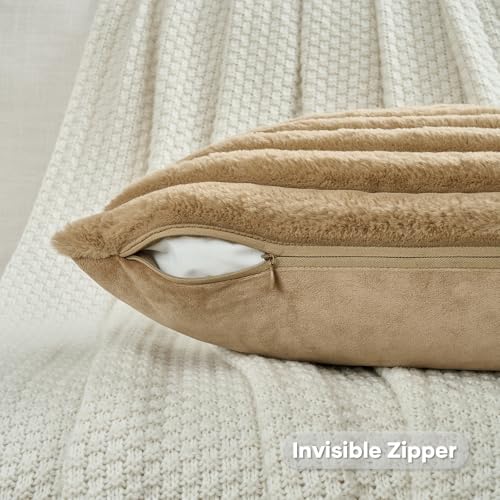 FUTEI Camel Striped Decorative Throw Pillow Covers 22x22 Inch Set of 2,Square Fall Decorations Couch Pillow Case,Soft Cozy Faux Rabbit Fur & Velvet Back,Modern Home Decor for Bed