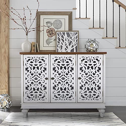 Sophia William Sideboard and Buffet with Storage 3 Door Hollow Carved Accent Cabinet Distressed Wood Storage Cabinet Cupboard for Kitchen Dining Room Living Room Entryway White