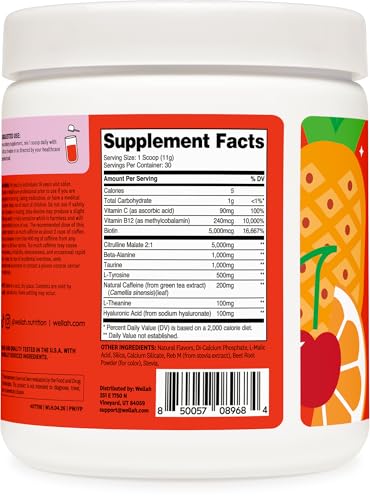 Image of Wellah Pre-Workout Drink Mix (Fruit Punch) 30 Servings | With Citrulline Malate and L-Theanine, 200mg of Natural Caffeine & 1000mg of Beta-Alanine