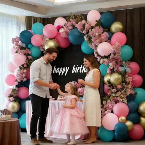 Image of Teal Blue Pink Balloon Garland, Double Stuffed Hot Light Pink Dusty Blue Gold Balloon Arch Kit for Summer Birthday Baby Shower Gender Reveal Tropical Party Decoration