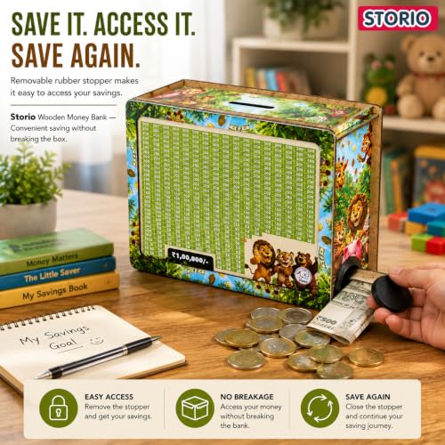 Image of Storio Wooden Money Bank with Lock, 1 Lakh Savings Goal Tracker