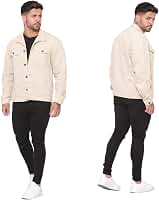 Jaqueta Jeans Masculina Bege Casual com Bolsos e Fechamento em Botão