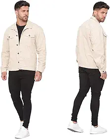 Jaqueta Jeans Masculina Bege Casual com Bolsos e Fechamento em Botão