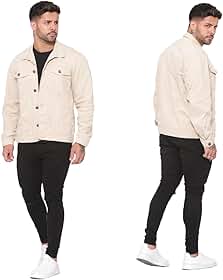 Jaqueta Jeans Masculina Bege Casual com Bolsos e Fechamento em Botão