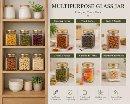 Image of Pure Source India Premium 150gm, 6 Pcs Glass Jar with Gold Lug Cap | Airtight Food Storage Jar for Honey, Jam, Pickles, Spices & Preserves