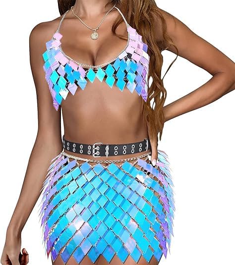 Boho Jewelry sequin Set Body Chain Suit Tribal Harness Bra Crop Top Necklace beltSkirt for Women Summer Beach Party