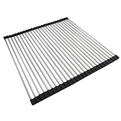 Lheng 14.5" x8'' Black 12 Tube Multipurpose Silicone-Coated Stainless Steel Roll Up Rack, Rolls Out Over any Sink or Counter - Roll up Sink Drying Rack Portable Dish Rack Dish Drainer Foldable
