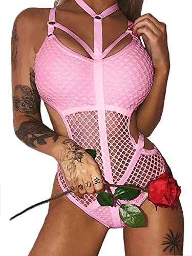 Dewinya Women's Sexy Strappy Cutout Fishnet Teddy Lingerie Bodysuit Set with Choker X-Large Pink