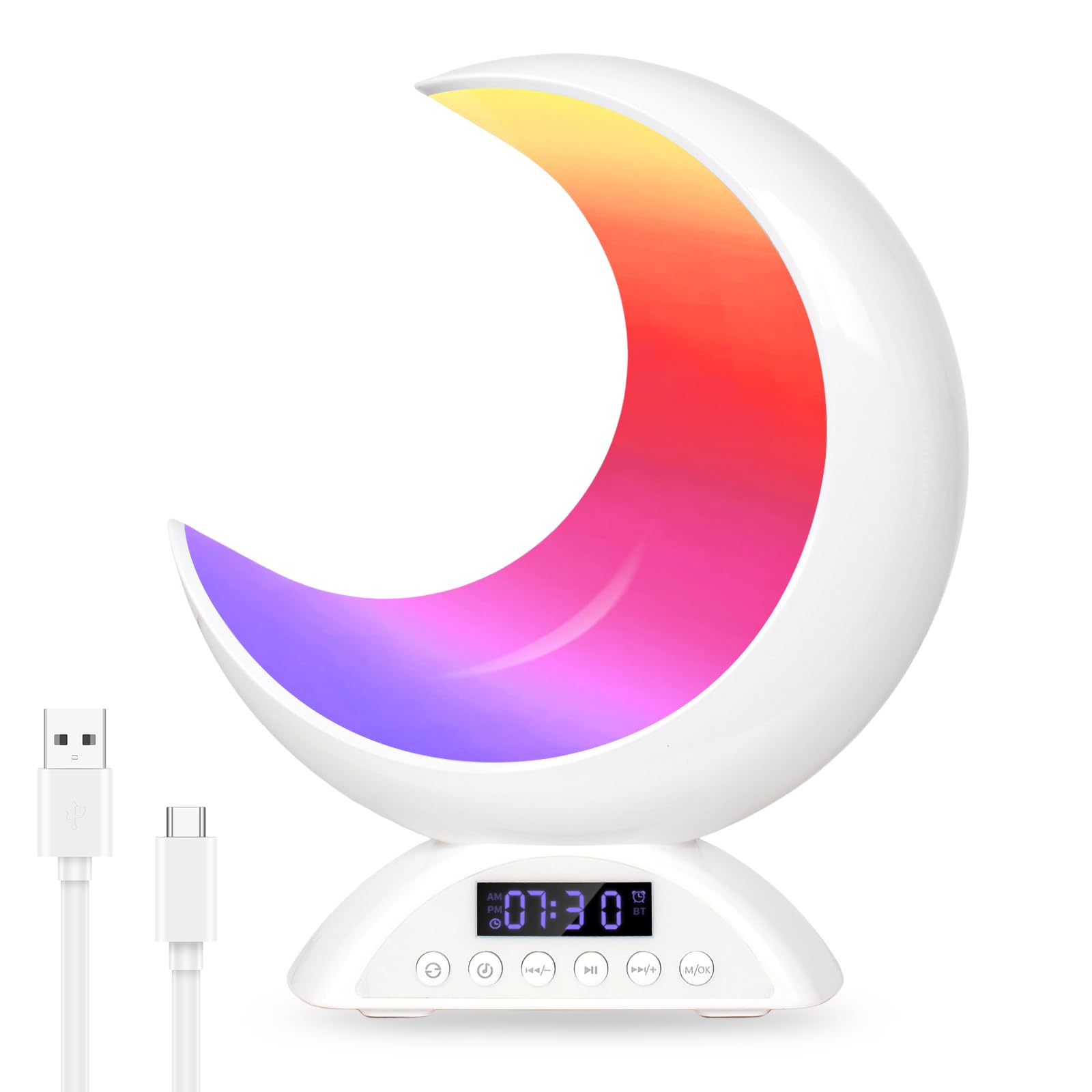 Lampada da Comodino a Forma di Luna, Luce Notturna con Altoparlante, Sveglia da Comodino Musicale, 20 Colori di Luce, USB Lampada Notturna Dimmerabile per Cameretta, Soggiorno