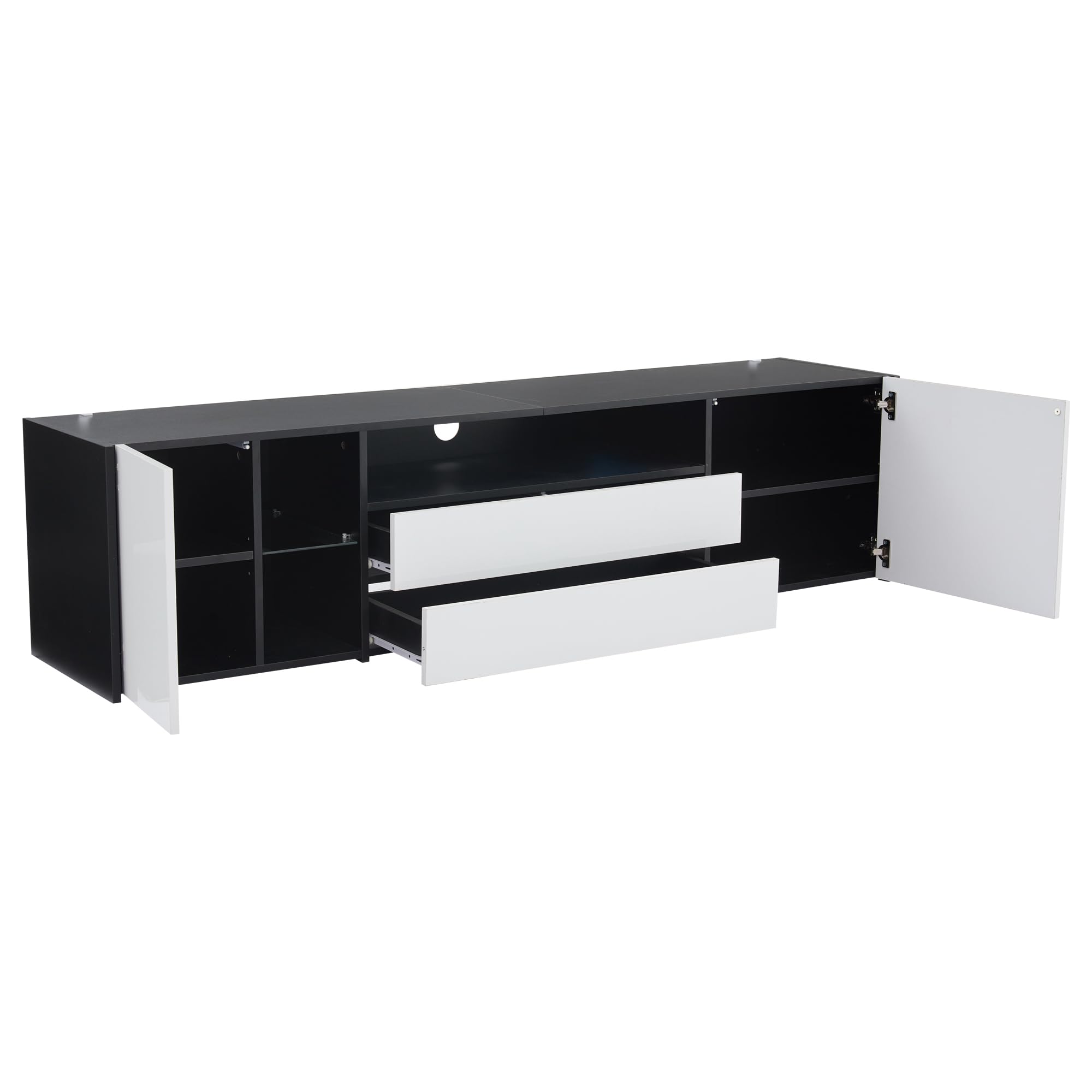 Meuble TV Brillant 2 tiroirs 2 Portes Étagères Ouvertes Lowboard pour téléviseur Jusqu’à 75 Pouces avec Bande Lumineuse LED Bas pour Salon Table de Meubles TV Noir