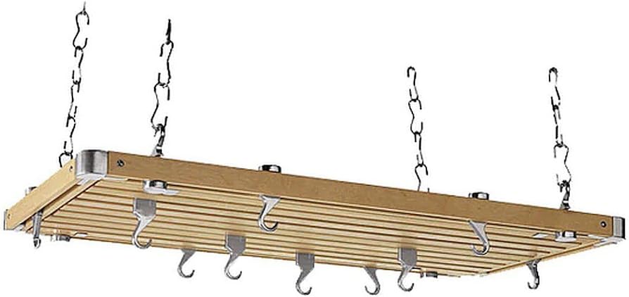 Elegant Display Wood Frame And Grid Rectangular Natural Wood Ceiling Kitchen Pot Rack, Dimensions 36Lx18W