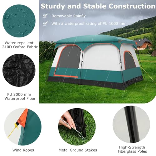 TANGZON 2-Room Family Camping Tent, 8-10/6-8/4-6 Man Privacy Changing Room Shelter with Porch, Removable Rainfly, Carry Bag, 2 Windows & 2 Doors, Easy Setup Large Dome Tent (320 x 210 x 180 cm) - Image 6