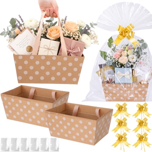 Funnymoom 6 Pack Polka Dot Kraft Basket for Gifts Empty with Cellophane Bags Pull Bows Wedding White Polka Dot Paper Basket Gift Box for Summer Anniversaries Party Favors, 9.8 x 6.5 Inch